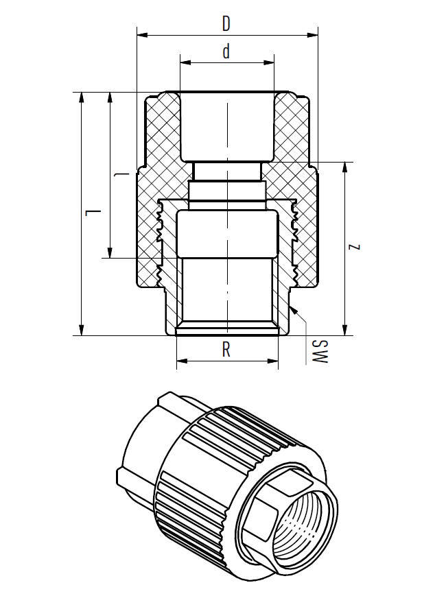 Pièce de transition avec filetage à 6 côtés F (red)
