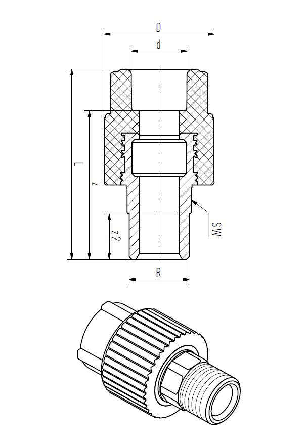 Transition piece with 6-sede thread M (red)